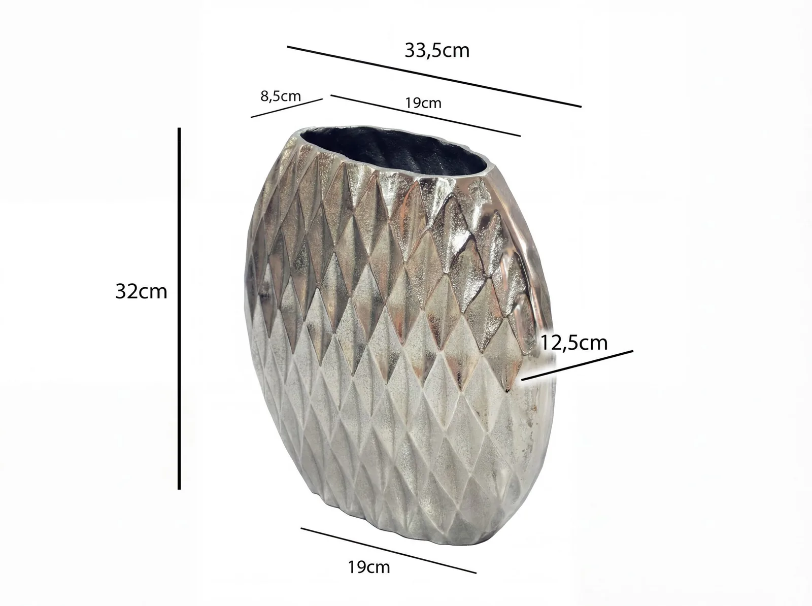 FineBuy Tischvase Aluminium 33,5cm - Dekovase rund mit Rautenmuster - Metall Vase modern - Wohnzimmer Deko Alu - Design Vase flach Tisch Dekoration Handmade