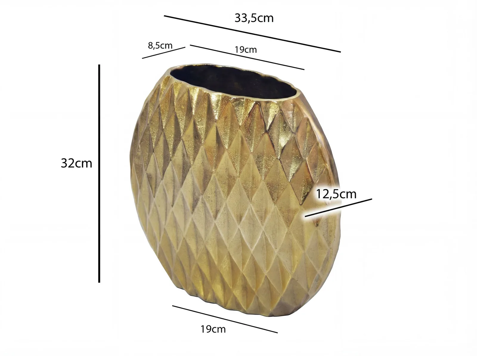 FineBuy Tischvase Aluminium 33,5cm - Dekovase rund mit Rautenmuster - Metall Vase modern - Wohnzimmer Deko Alu - Design Vase flach Tisch Dekoration Handmade