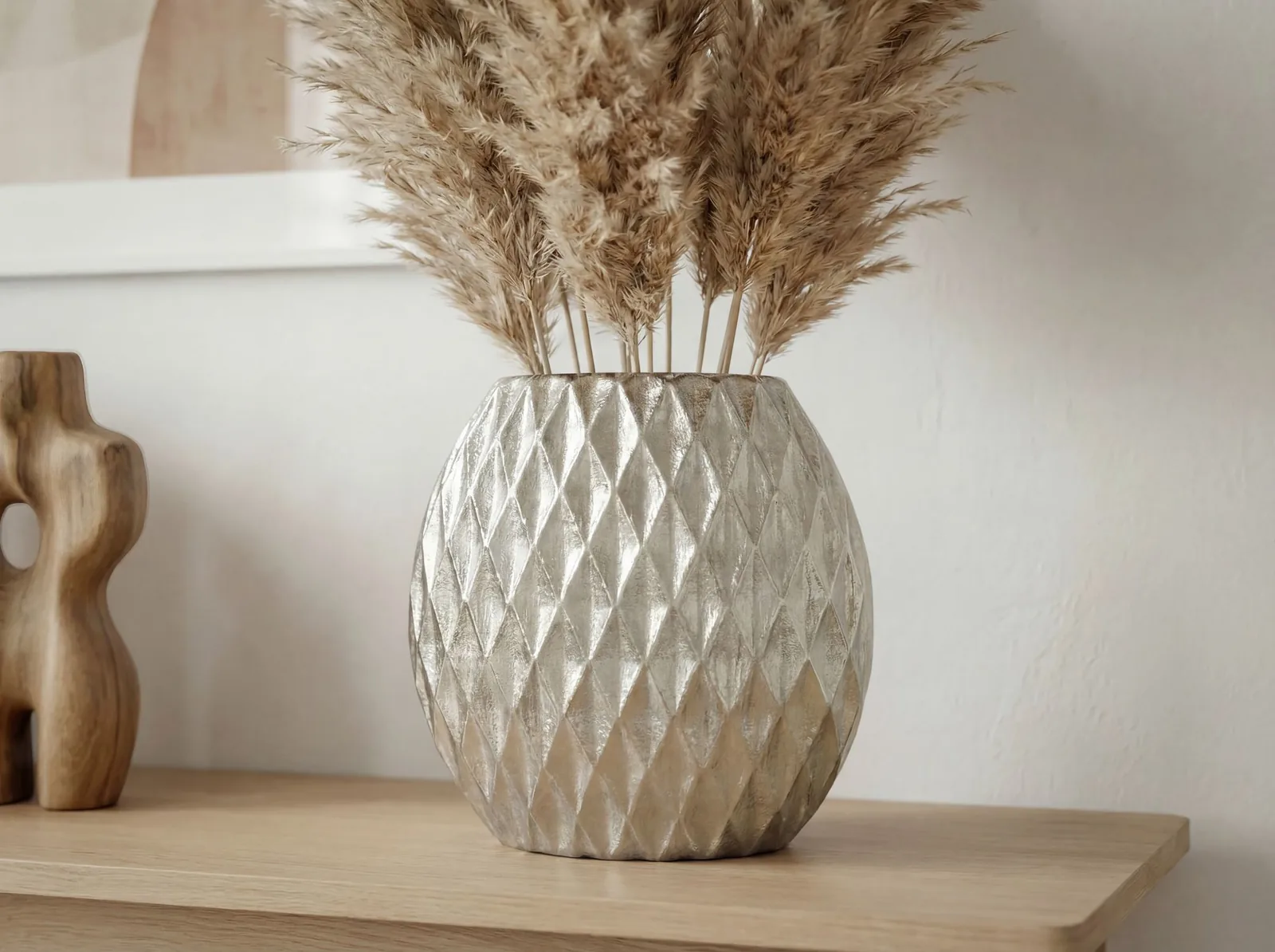 FineBuy Tischvase Aluminium 33,5cm - Dekovase rund mit Rautenmuster - Metall Vase modern - Wohnzimmer Deko Alu - Design Vase flach Tisch Dekoration Handmade