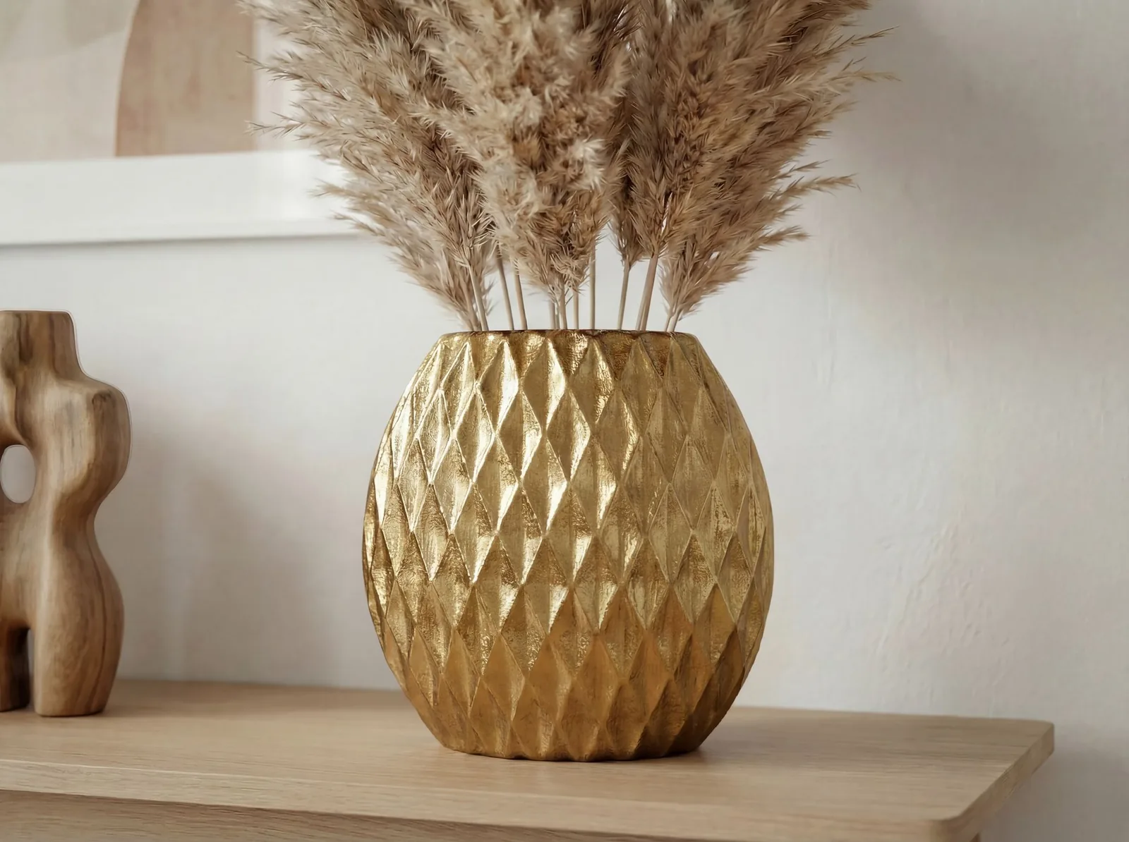 FineBuy Tischvase Aluminium 33,5cm - Dekovase rund mit Rautenmuster - Metall Vase modern - Wohnzimmer Deko Alu - Design Vase flach Tisch Dekoration Handmade