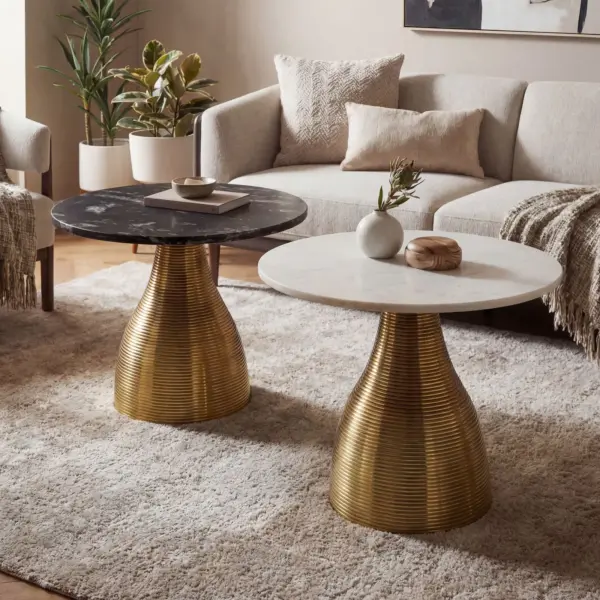FineBuy Couchtisch Metall mit Marmor Tischplatte 60cm Rund - Moderner Wohnzimmertisch Aluminium Gold - Design Sofatisch Alu - Loungetisch Rillenoptik - Edler Beistelltisch Handmade