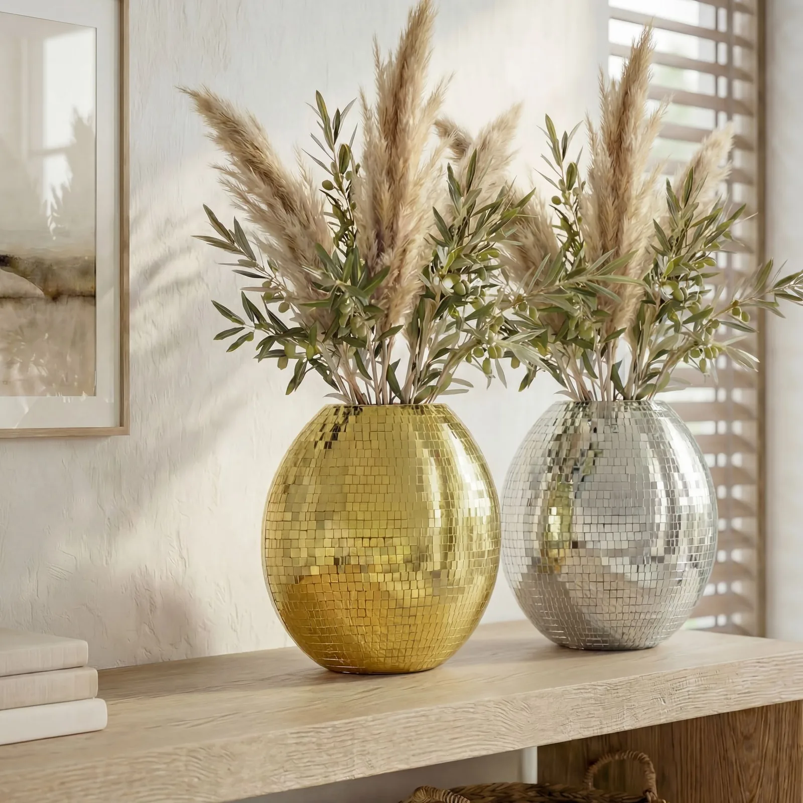 FineBuy Tischvase Metall 40cm - Dekovase Mosaik rund - Vase modern - Wohnzimmer Deko - Design Vase flach Tisch Dekoration Handmade