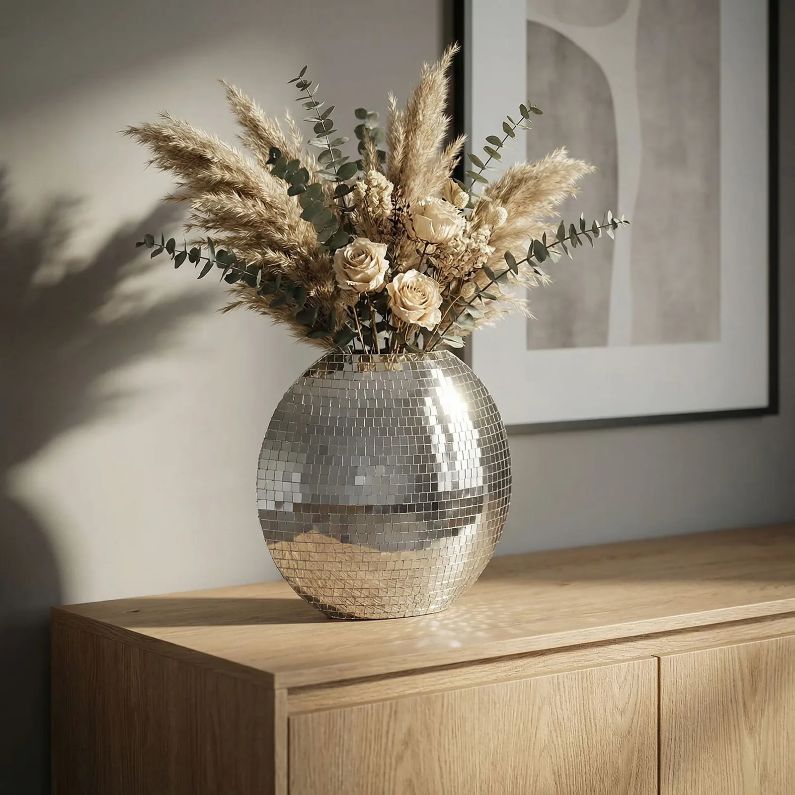 FineBuy Tischvase Metall 40cm - Dekovase Mosaik rund - Vase modern - Wohnzimmer Deko - Design Vase flach Tisch Dekoration Handmade