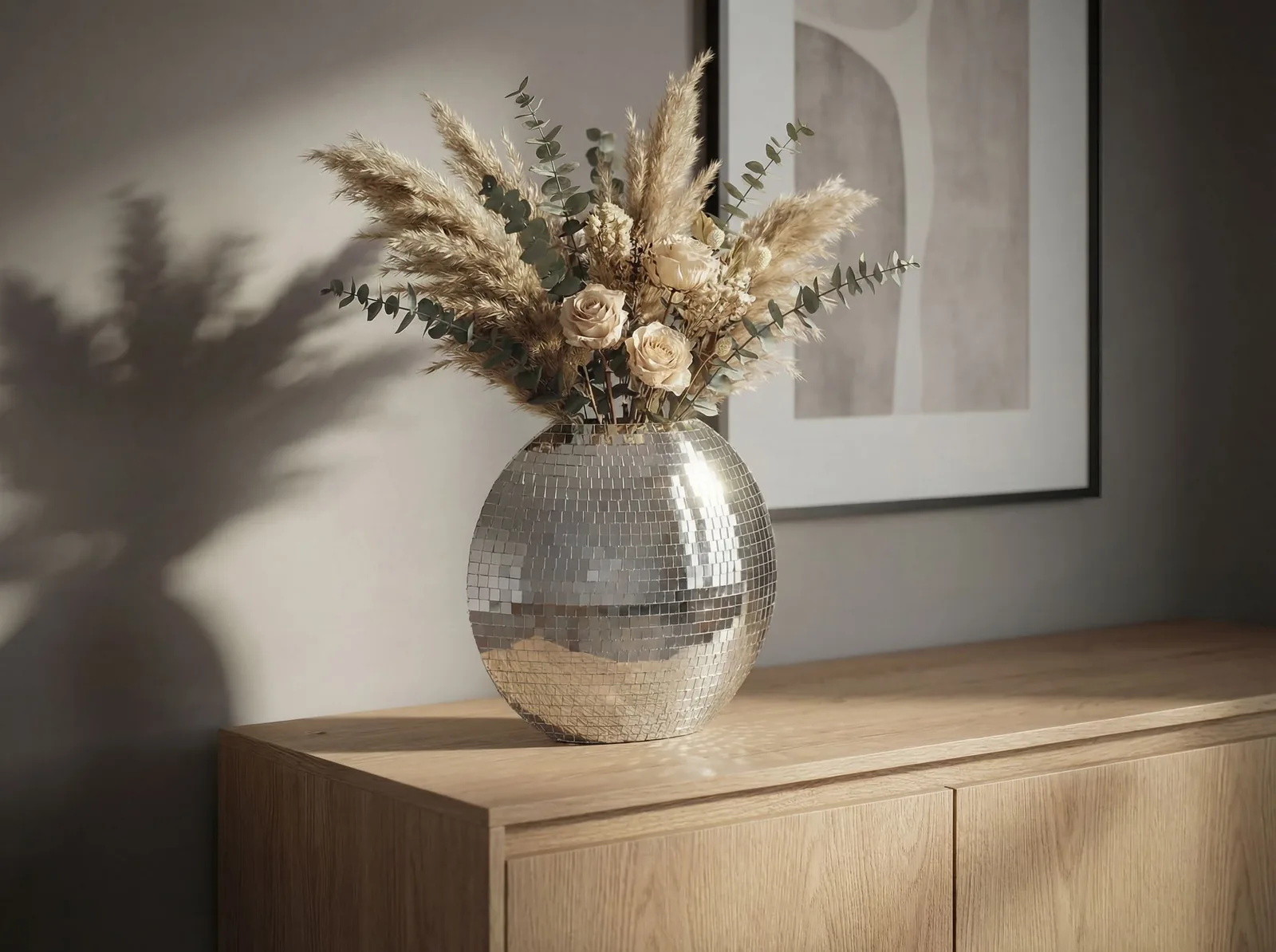 FineBuy Tischvase Metall 40cm - Dekovase Mosaik rund - Vase modern - Wohnzimmer Deko - Design Vase flach Tisch Dekoration Handmade