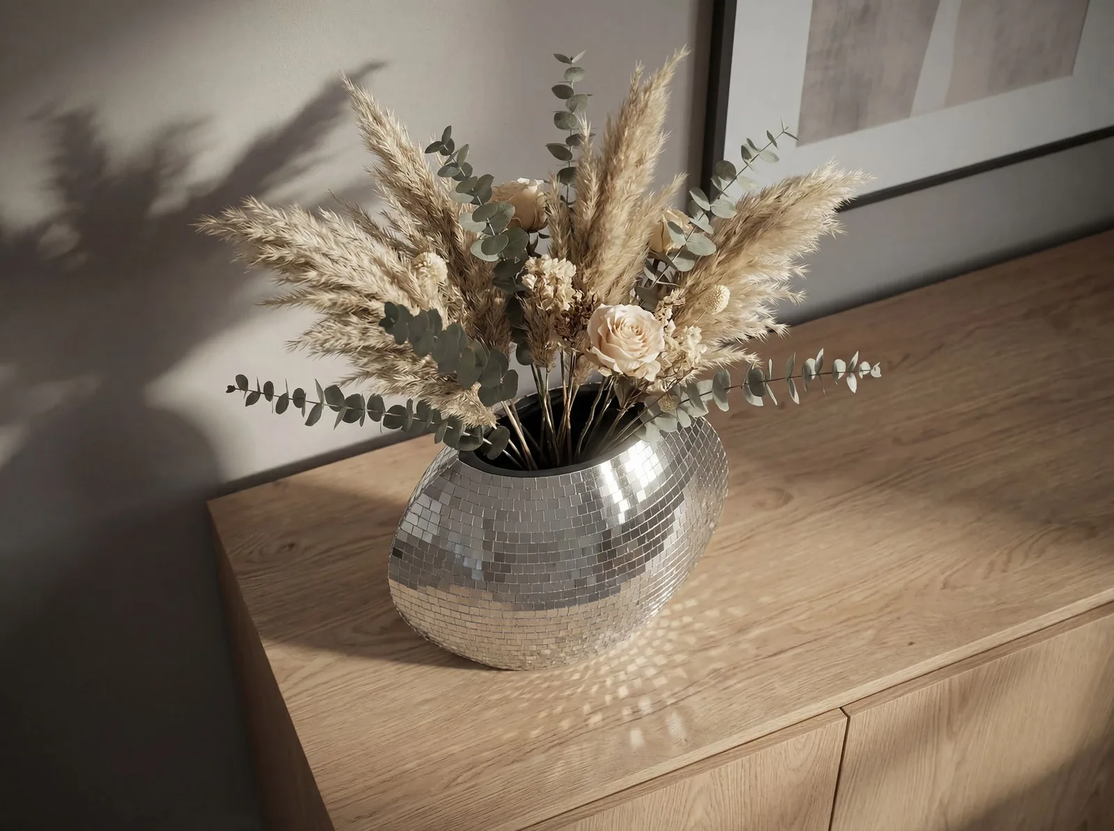 FineBuy Tischvase Metall 40cm - Dekovase Mosaik rund - Vase modern - Wohnzimmer Deko - Design Vase flach Tisch Dekoration Handmade