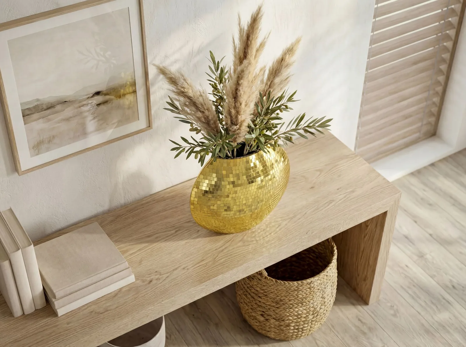 FineBuy Tischvase Metall 40cm - Dekovase Mosaik rund - Vase modern - Wohnzimmer Deko - Design Vase flach Tisch Dekoration Handmade