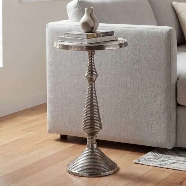 FineBuy Beistelltisch Silber 30cm Aluminium Tisch Rund - Anstelltisch Metall Dekotisch - Design Wohnzimmertisch Rillenoptik - Sofatisch Modern - Couchtisch Handmade
