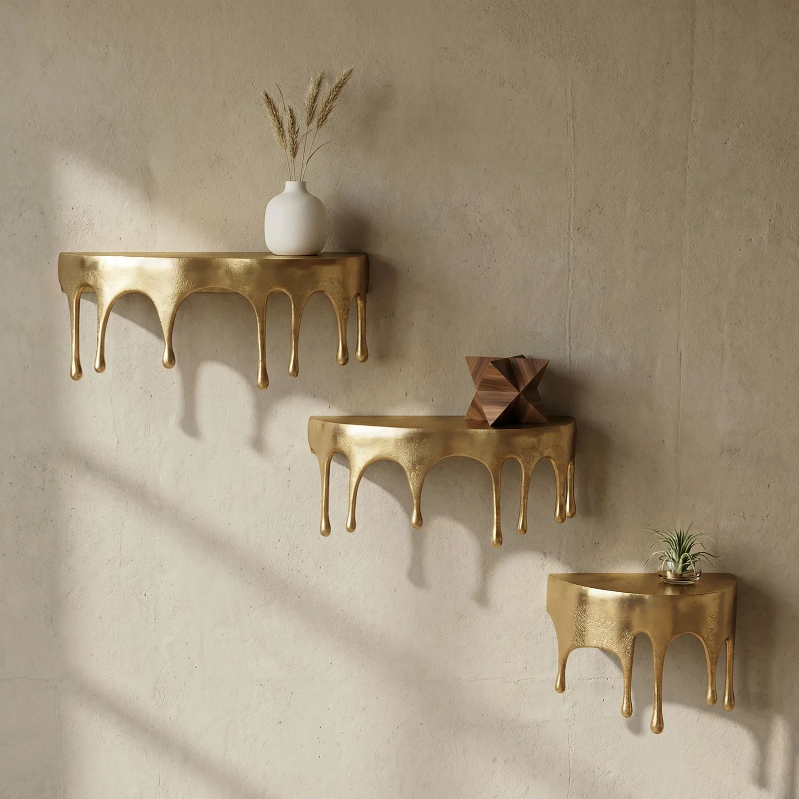 FineBuy Wandregal Aluminium Gold Tropfen Optik - Ausgefallenes Hängeregal Metall - Design Drops Schweberegal Alu - Modernes Wandboard Dekoregal Handmade