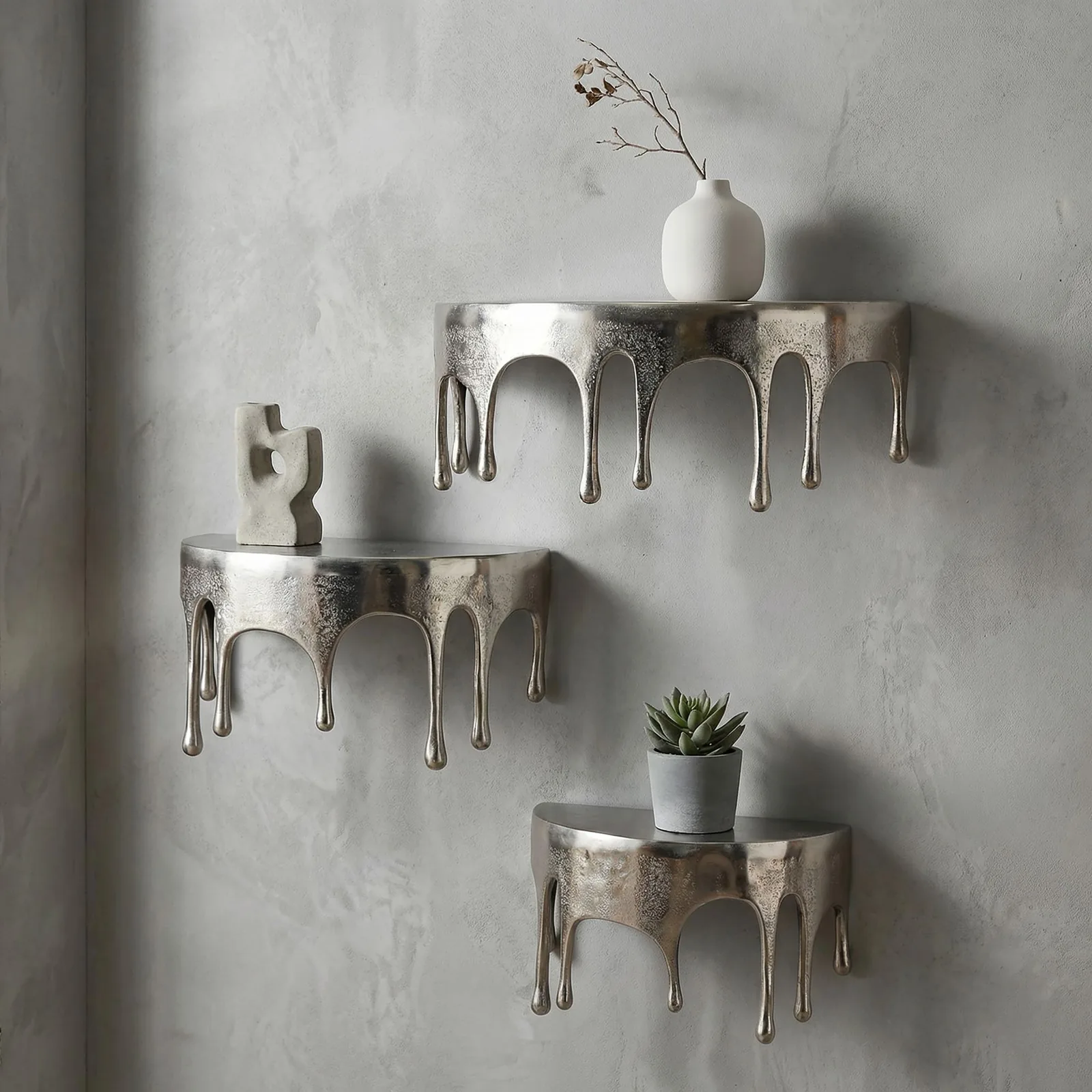FineBuy Wandregal Aluminium Silber Tropfen Optik - Ausgefallenes Hängeregal Metall - Design Drops Schweberegal Alu - Modernes Wandboard Dekoregal Handmade