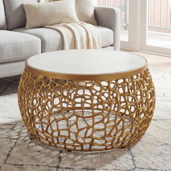 FineBuy Design Metall Couchtisch Gold mit weißer Marmor Tischplatte 60 cm rund - Aluminium Wohnzimmertisch Modern - Loungetisch Alu Beistelltisch Wohnzimmer Handmade