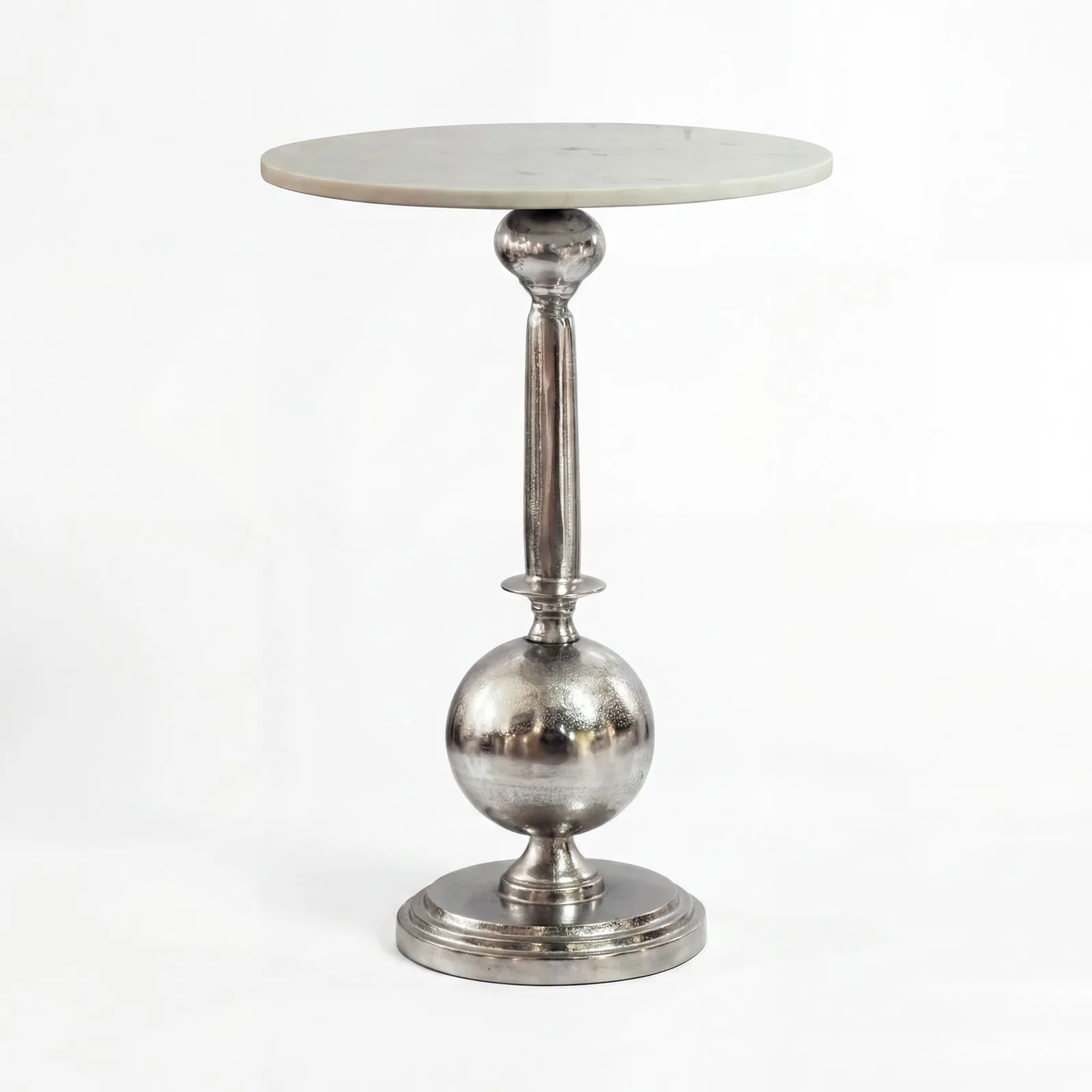 FineBuy Beistelltisch Rund 40x40cm Silber mit massiver Marmorplatte Weiß - Design Anstelltisch Metall Naturstein - Loungetisch Couchtisch Art Déco - Sofatisch Wohnzimmertisch Handmade
