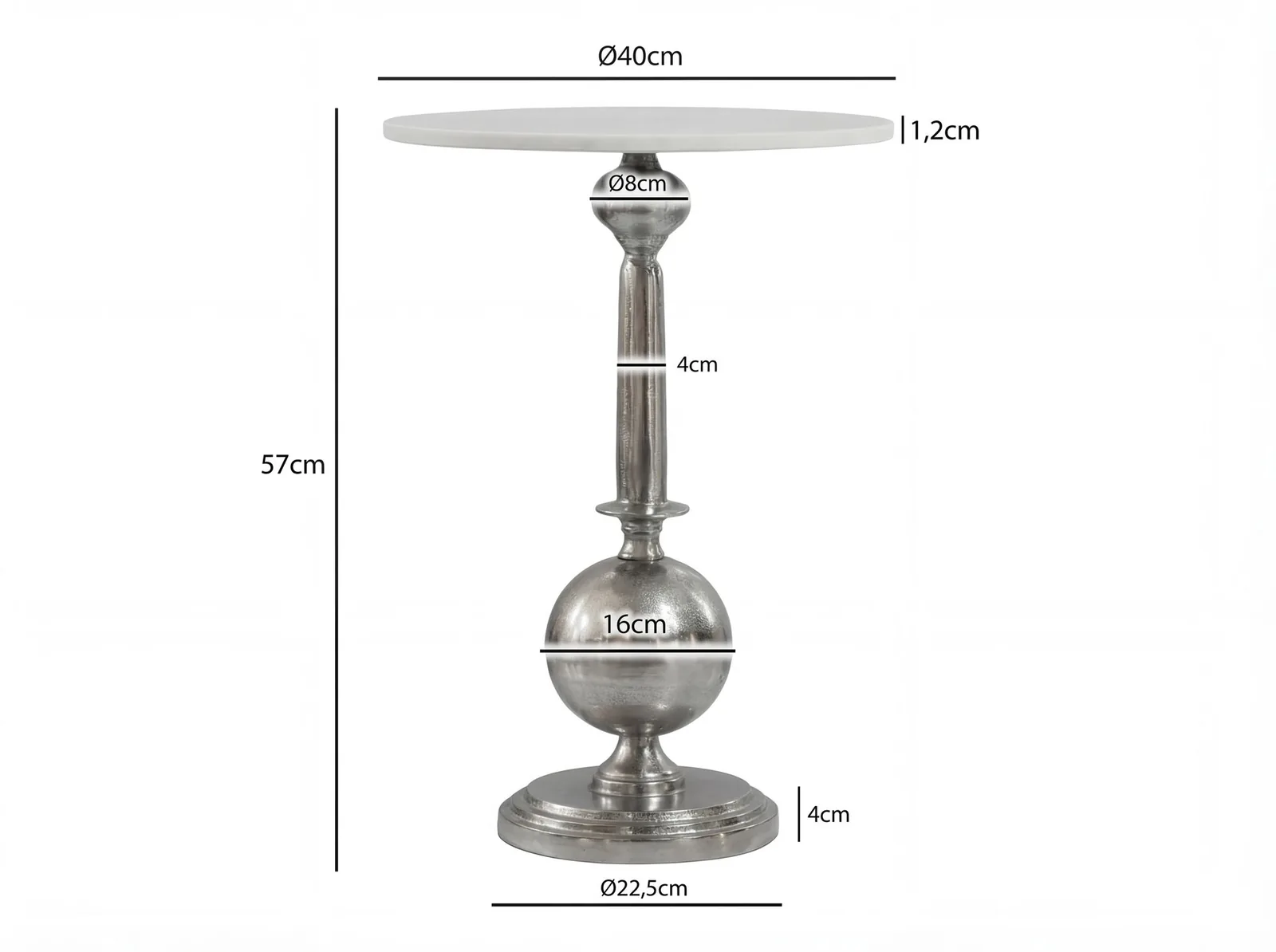 FineBuy Beistelltisch Rund 40x40cm Silber mit massiver Marmorplatte Weiß - Design Anstelltisch Metall Naturstein - Loungetisch Couchtisch Art Déco - Sofatisch Wohnzimmertisch Handmade