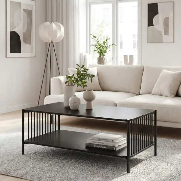 FineBuy Couchtisch 110x60cm Eiche Optik Schwarz Rechteckig - Design Sofatisch Metall - Wohnzimmertisch Ablage - Loungetisch Stauraum - Beistelltisch Kaffeetisch
