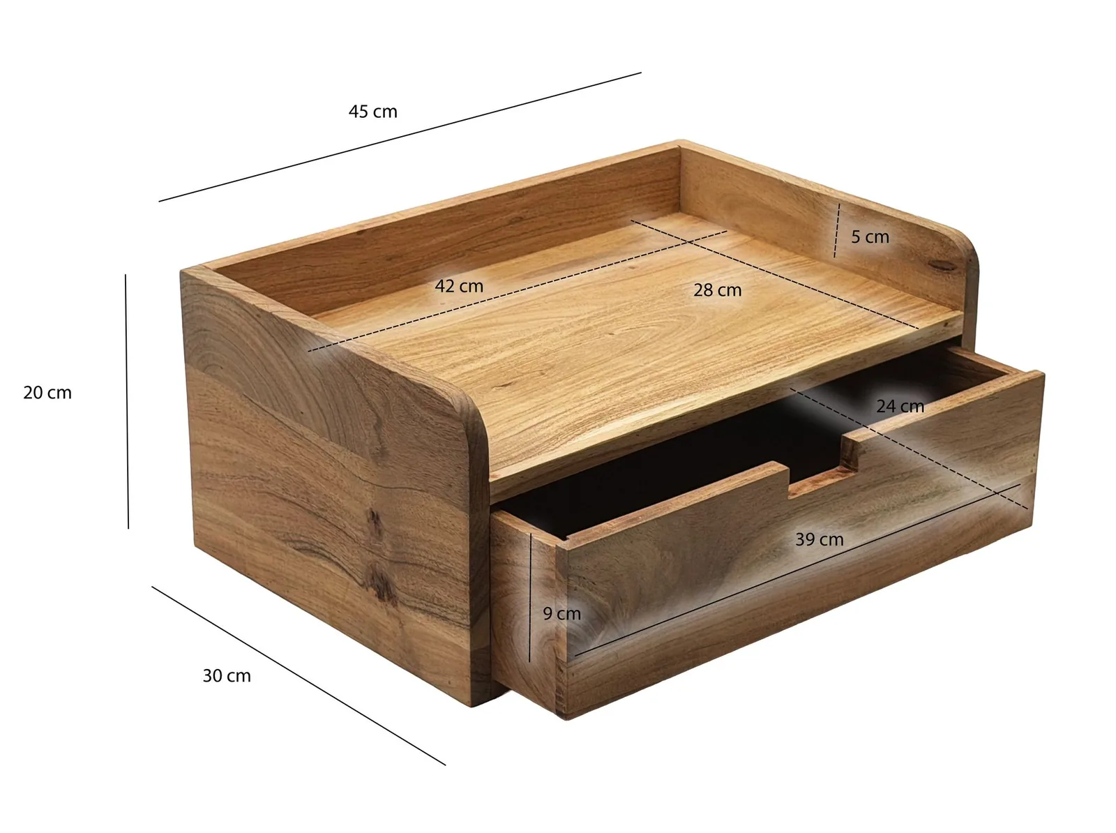 FineBuy Nachtkonsole für Wandmontage 45x30cm Akazie Massivholz Braun - Nachttisch mit Schublade - Wandnachttisch Schwebend für Boxspringbett - Nachtschrank Nachtkästchen Hängend Handmade