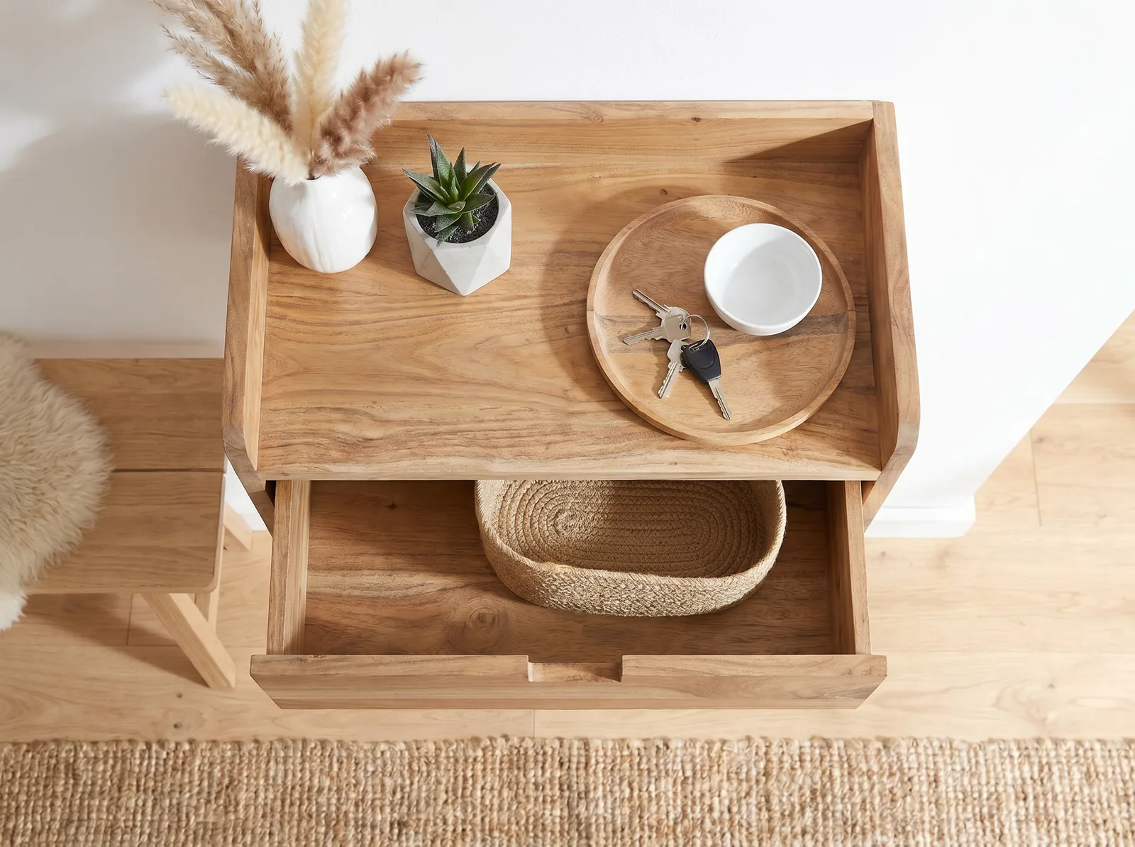 FineBuy Wandregal Akazie Massivholz 45x30cm Schwebendes Regal mit Schublade - Design Schweberegal - Hängeregal Holz - Wandboard Handmade