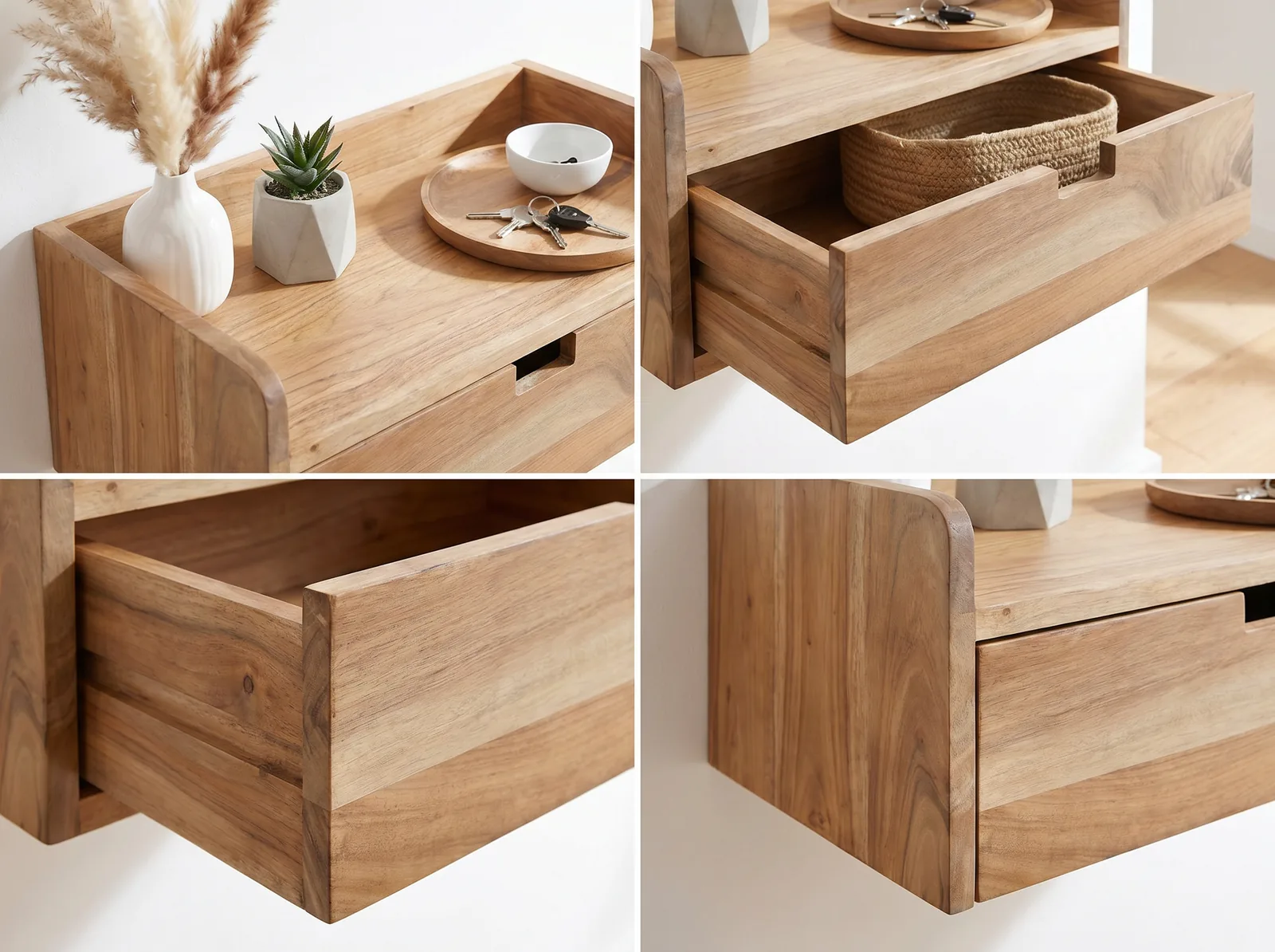 FineBuy Wandregal Akazie Massivholz 45x30cm Schwebendes Regal mit Schublade - Design Schweberegal - Hängeregal Holz - Wandboard Handmade