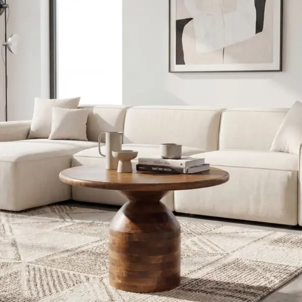 FineBuy Couchtisch Mango Massivholz 60cm Natur Rund - Design Wohnzimmertisch - Sofatisch Holz - Kaffeetisch Säulenfuß - Beistelltisch Massiv Handmade