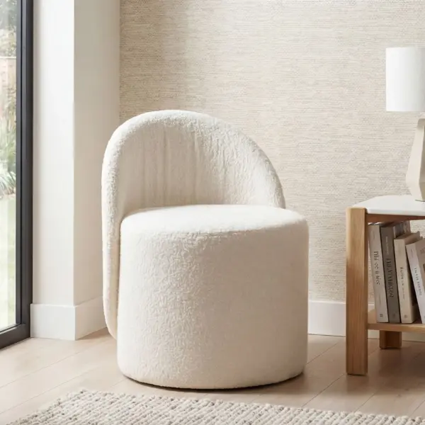 FineBuy Sitzhocker Teddy Stoff 40cm Creme Rund - Design Stoffhocker - Polsterhocker mit Rückenlehne - Schminktisch Hocker - Lounge Beistellhocker für Wohnzimmer Handmade