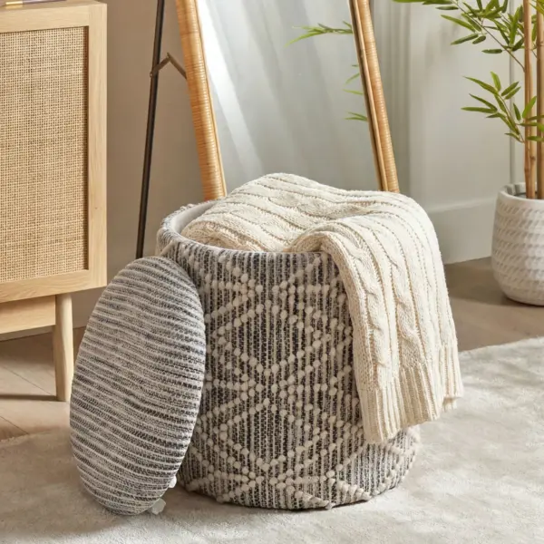 FineBuy Sitzhocker mit Stauraum aus Stoff 40cm Grau Rund - Design Boho Stoffhocker mit abnehmbarem Deckel - Polsterhocker Schminktisch Hocker - Beistellhocker für Wohnzimmer Handmade