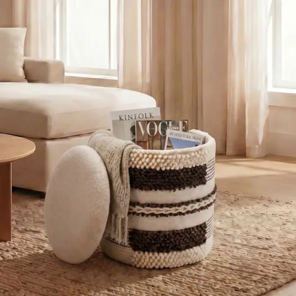 FineBuy Sitzhocker mit Stauraum aus Wolle 40cm Beige Stoff Rund - Design Boho Stoffhocker mit abnehmbarem Deckel - Polsterhocker Schminktisch Hocker - Beistellhocker für Wohnzimmer Handmade