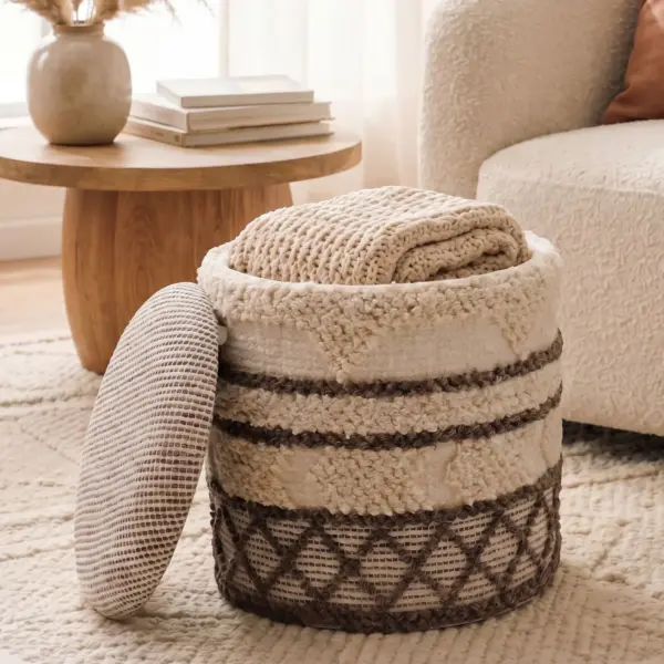 FineBuy Sitzhocker mit Stauraum aus Wolle 40cm Beige Stoff Rund - Design Boho Stoffhocker mit abnehmbarem Deckel - Polsterhocker Schminktisch Hocker - Beistellhocker für Wohnzimmer Handmade