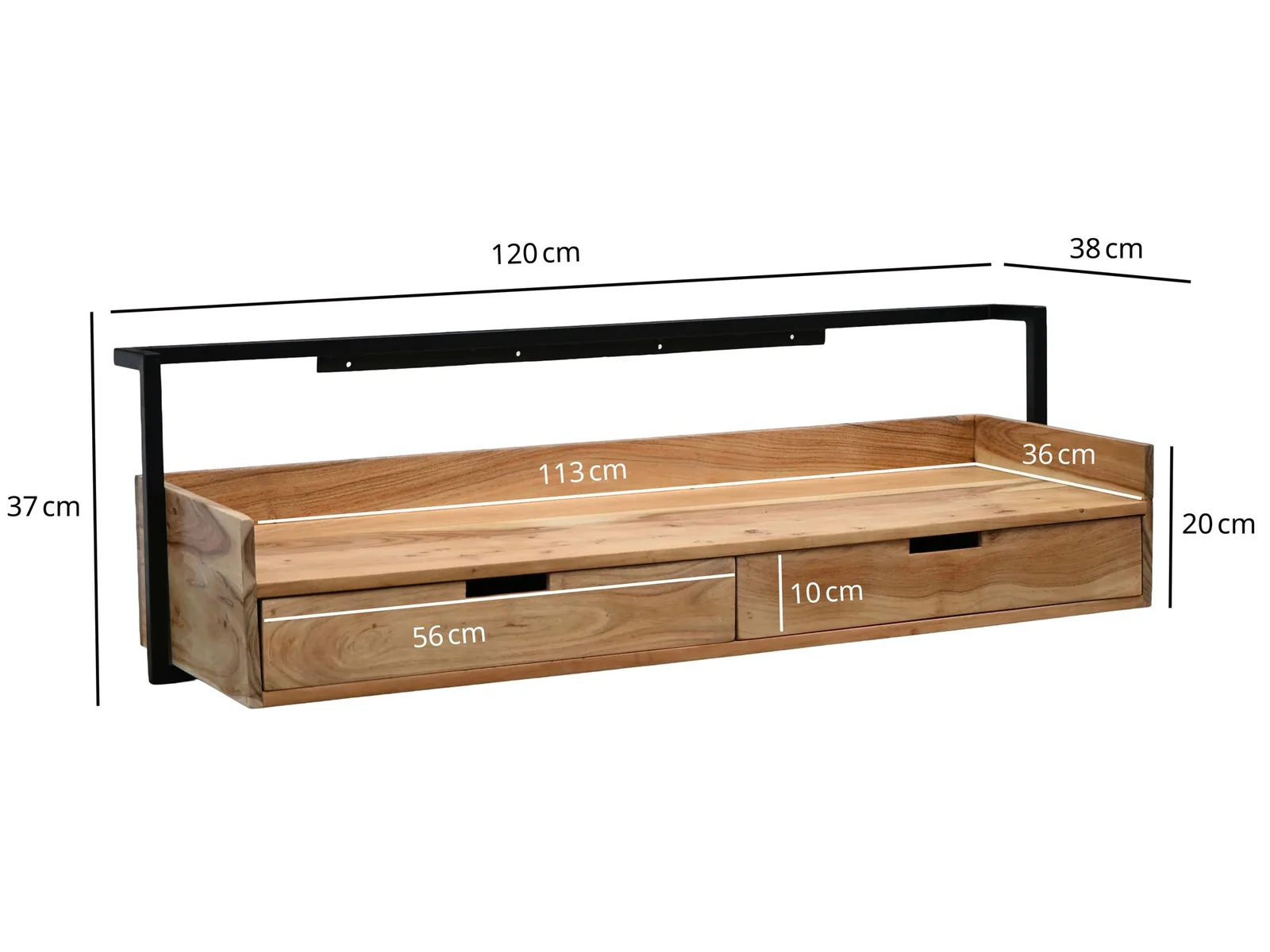 FineBuy Wandschreibtisch Akazie Massivholz 120cm mit 2 Schubladen - Design Schreibtisch für die Wand Hängend mit Stauraum - Schwebend Handmade