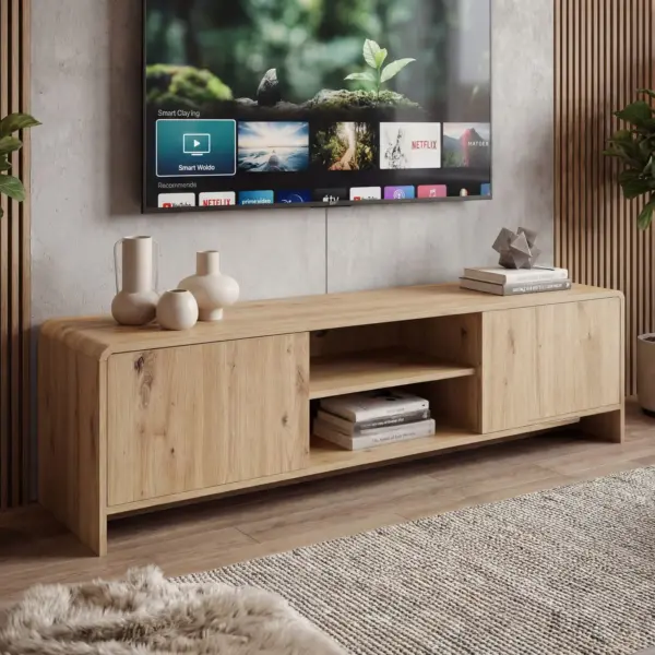 FineBuy TV Lowboard 155cm Eiche Dekor - Moderner Fernsehschrank mit 2 Türen und Ablage - Stilvolle Fernsehkommode TV Kommode - Elegante TV Anrichte fürs Wohnzimmer