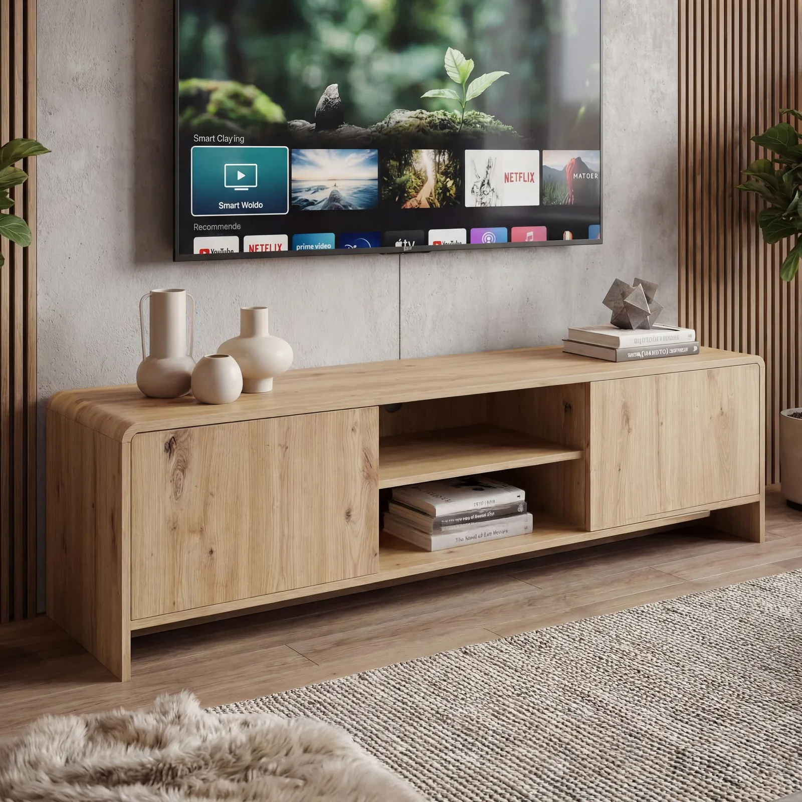 FineBuy TV Lowboard 155cm Eiche Dekor - Moderner Fernsehschrank mit 2 Türen und Ablage - Stilvolle Fernsehkommode TV Kommode - Elegante TV Anrichte fürs Wohnzimmer