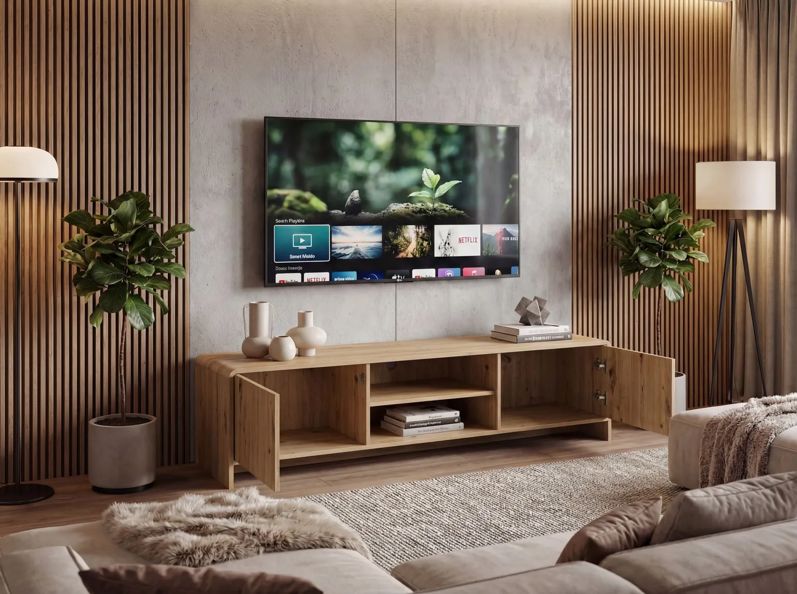 FineBuy TV Lowboard 155cm Eiche Dekor - Moderner Fernsehschrank mit 2 Türen und Ablage - Stilvolle Fernsehkommode TV Kommode - Elegante TV Anrichte fürs Wohnzimmer