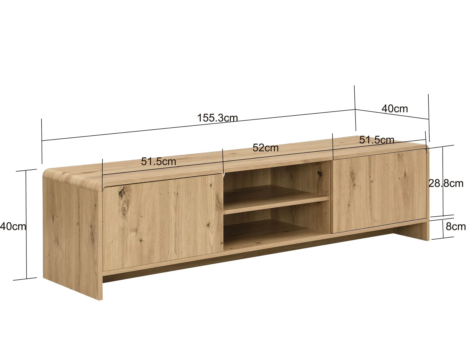 FineBuy TV Lowboard 155cm Eiche Dekor - Moderner Fernsehschrank mit 2 Türen und Ablage - Stilvolle Fernsehkommode TV Kommode - Elegante TV Anrichte fürs Wohnzimmer