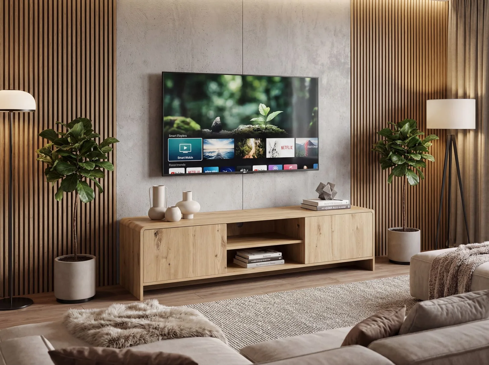 FineBuy TV Lowboard 155cm Eiche Dekor - Moderner Fernsehschrank mit 2 Türen und Ablage - Stilvolle Fernsehkommode TV Kommode - Elegante TV Anrichte fürs Wohnzimmer