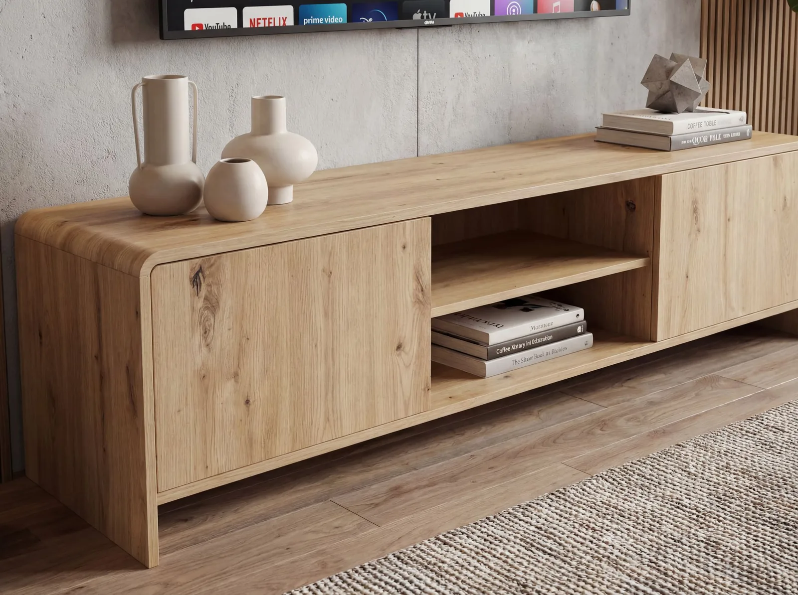 FineBuy TV Lowboard 155cm Eiche Dekor - Moderner Fernsehschrank mit 2 Türen und Ablage - Stilvolle Fernsehkommode TV Kommode - Elegante TV Anrichte fürs Wohnzimmer