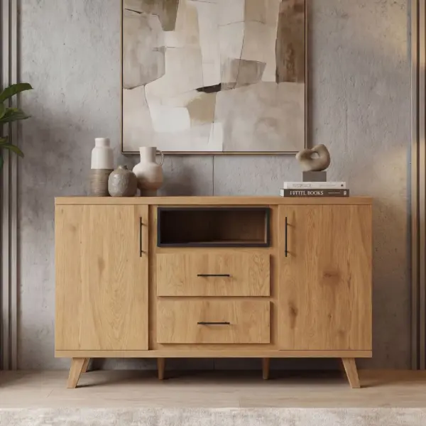 FineBuy Sideboard Eiche Dekor 150cm - Kommode mit 2 Türen und 2 Schubladen - Design Anrichte offenes Ablagefach - Standschrank Modern
