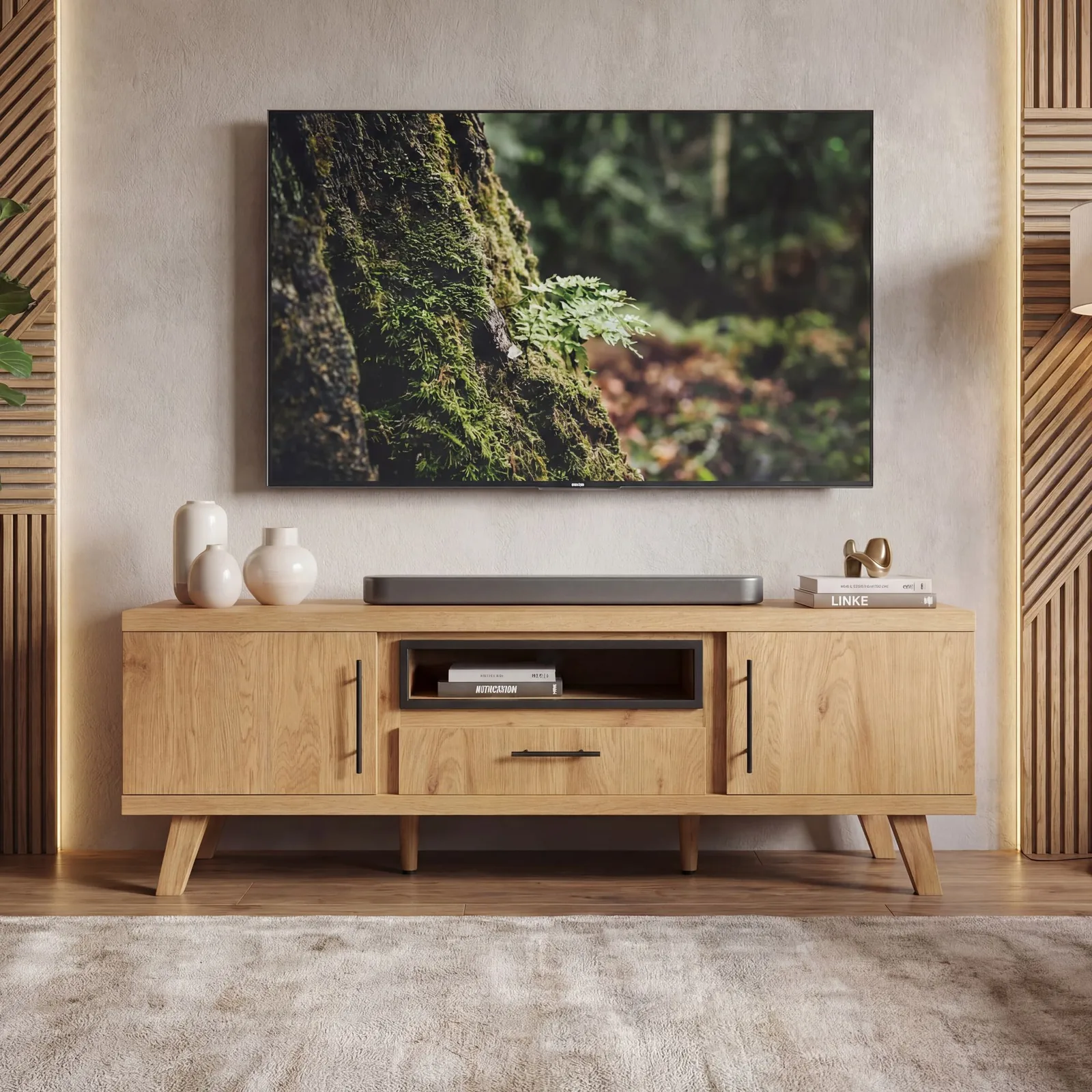 FineBuy TV Lowboard 150cm Eiche Dekor - Moderner Fernsehschrank mit 2 Türen und Schublade - Stilvolle Fernsehkommode TV Kommode - Elegante TV Anrichte fürs Wohnzimmer