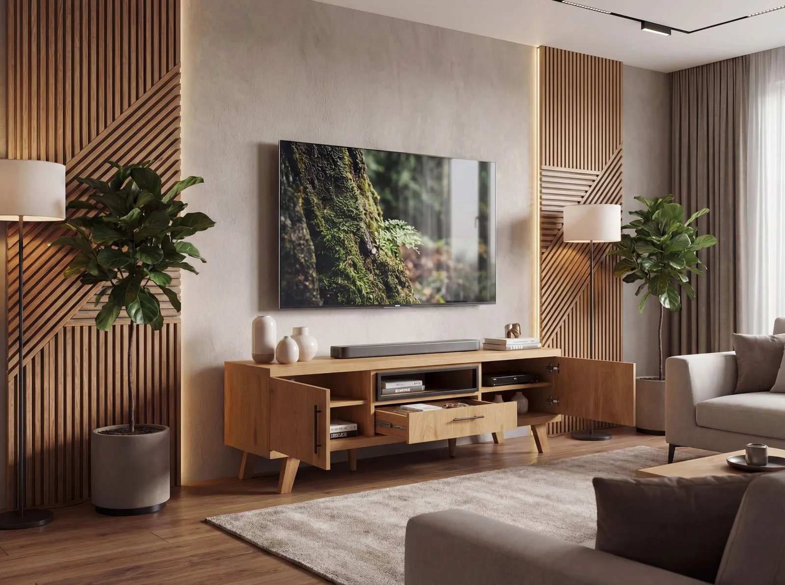 FineBuy TV Lowboard 150cm Eiche Dekor - Moderner Fernsehschrank mit 2 Türen und Schublade - Stilvolle Fernsehkommode TV Kommode - Elegante TV Anrichte fürs Wohnzimmer