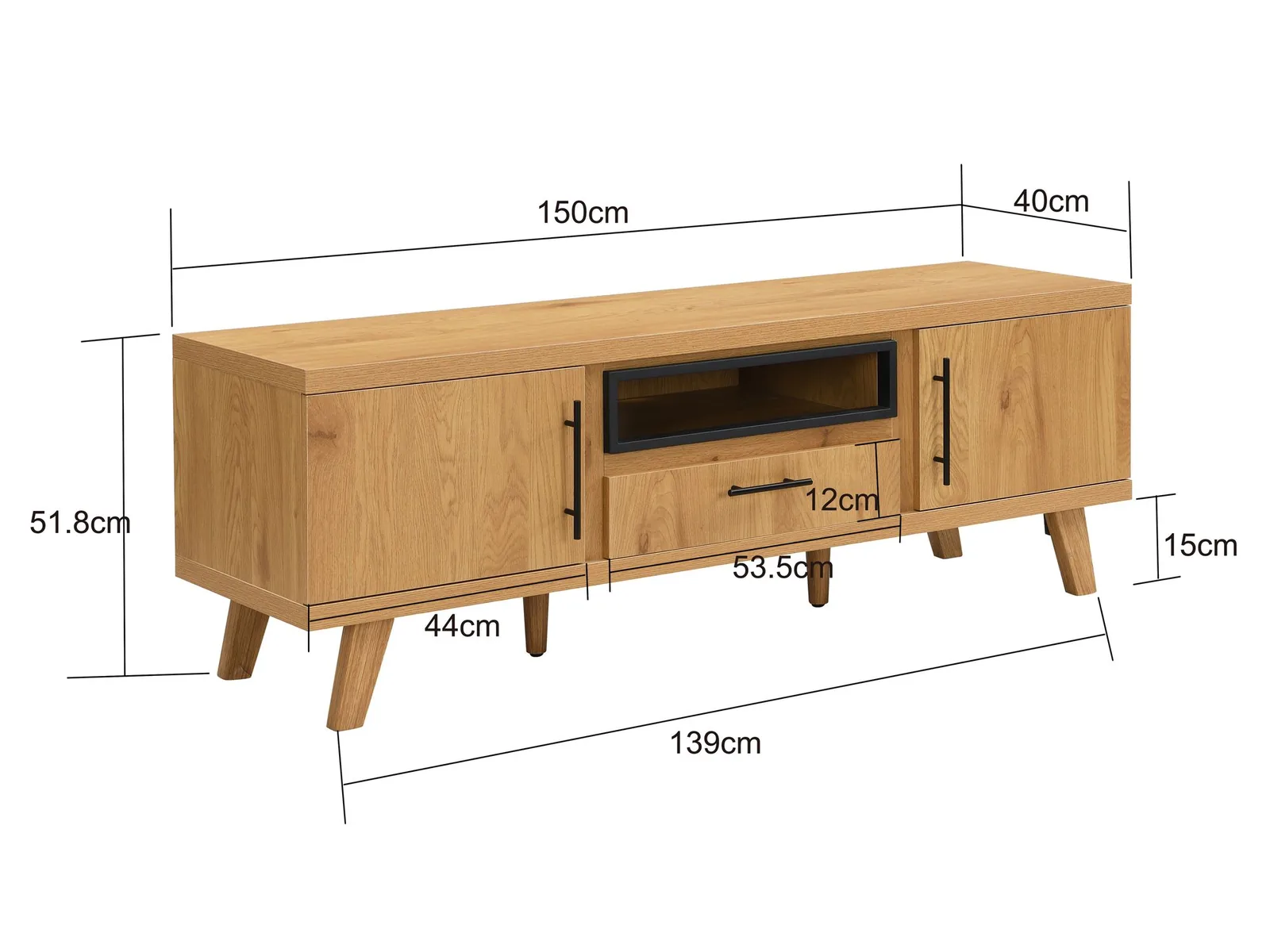 FineBuy TV Lowboard 150cm Eiche Dekor - Moderner Fernsehschrank mit 2 Türen und Schublade - Stilvolle Fernsehkommode TV Kommode - Elegante TV Anrichte fürs Wohnzimmer