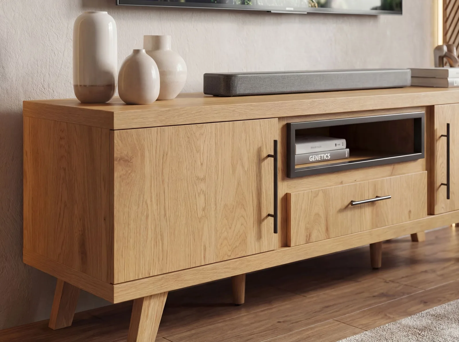 FineBuy TV Lowboard 150cm Eiche Dekor - Moderner Fernsehschrank mit 2 Türen und Schublade - Stilvolle Fernsehkommode TV Kommode - Elegante TV Anrichte fürs Wohnzimmer
