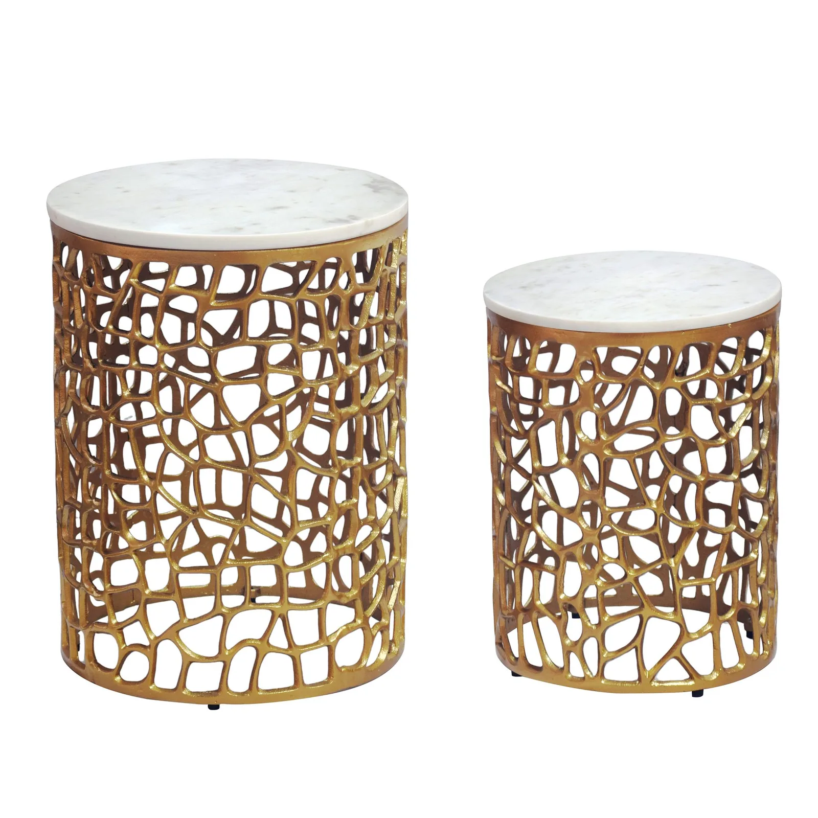 FineBuy 2er Set Couchtisch Gold mit weißer Marmor Tischplatte - Wohnzimmer Tisch Satztisch rund - Beistelltisch Alu modern - Sofatisch Set Aluminium Metallgestell Design Handmade