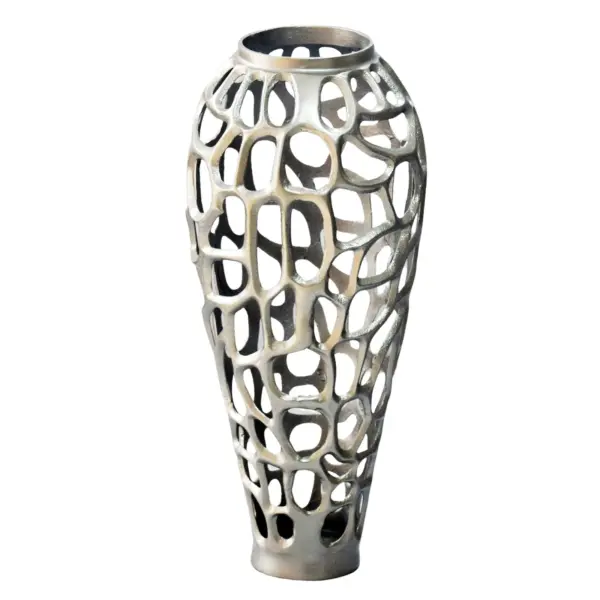FineBuy Bodenvase Aluminium Silber - Design Blumenvase Groß - Metallvase Modern - Dekovase rund für Trockenblumen - Standvase Hoch - Wohnzimmer Deko - Wohndeko Handmade