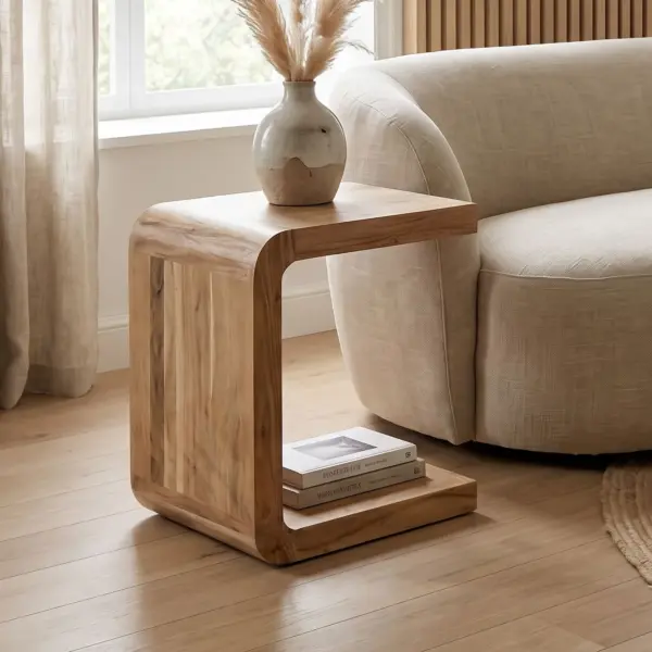 FineBuy Beistelltisch C Form Akazie Massivholz 45cm Anstelltisch Modern - Design Couchtisch Massiv - Kleiner Abstelltisch Holz - Wohnzimmertisch Kaffeetisch Handmade