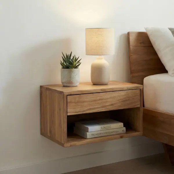 FineBuy Nachtkonsole für Wandmontage 50x35cm Akazie Massivholz Braun - Nachttisch mit Schublade und Ablagefach - Wandnachttisch Schwebend für Boxspringbett - Nachtkästchen Hängend Handmade