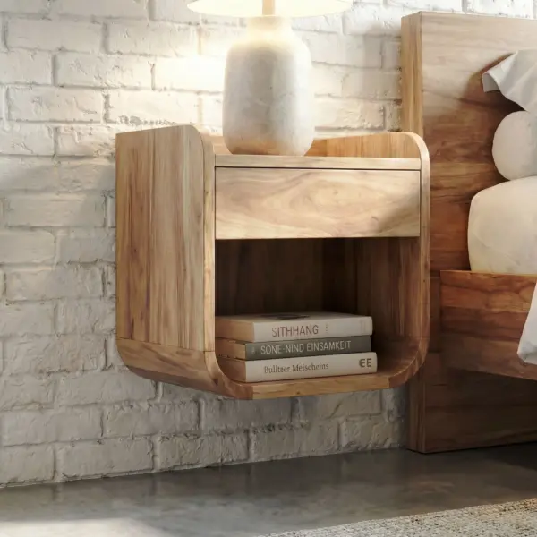 FineBuy Nachtkonsole für Wandmontage 35x33cm Akazie Massivholz Braun - Nachttisch mit Schublade und Ablagefach - Wandnachttisch Schwebend für Boxspringbett - Nachtkästchen Hängend Handmade