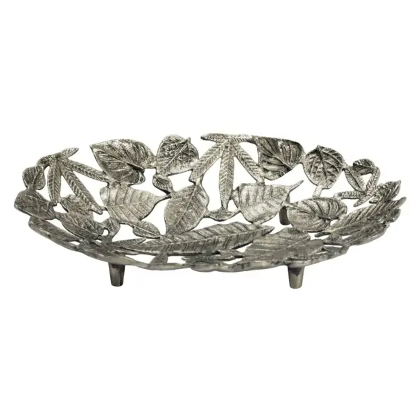 FineBuy Dekoschale Oval Schale Metall 49cm Tischdeko - Moderne Metallschale mit Fuß aus Aluminium in Blätter Optik - Elegante Aluschale - Alu Dekoteller Obstschale Handmade