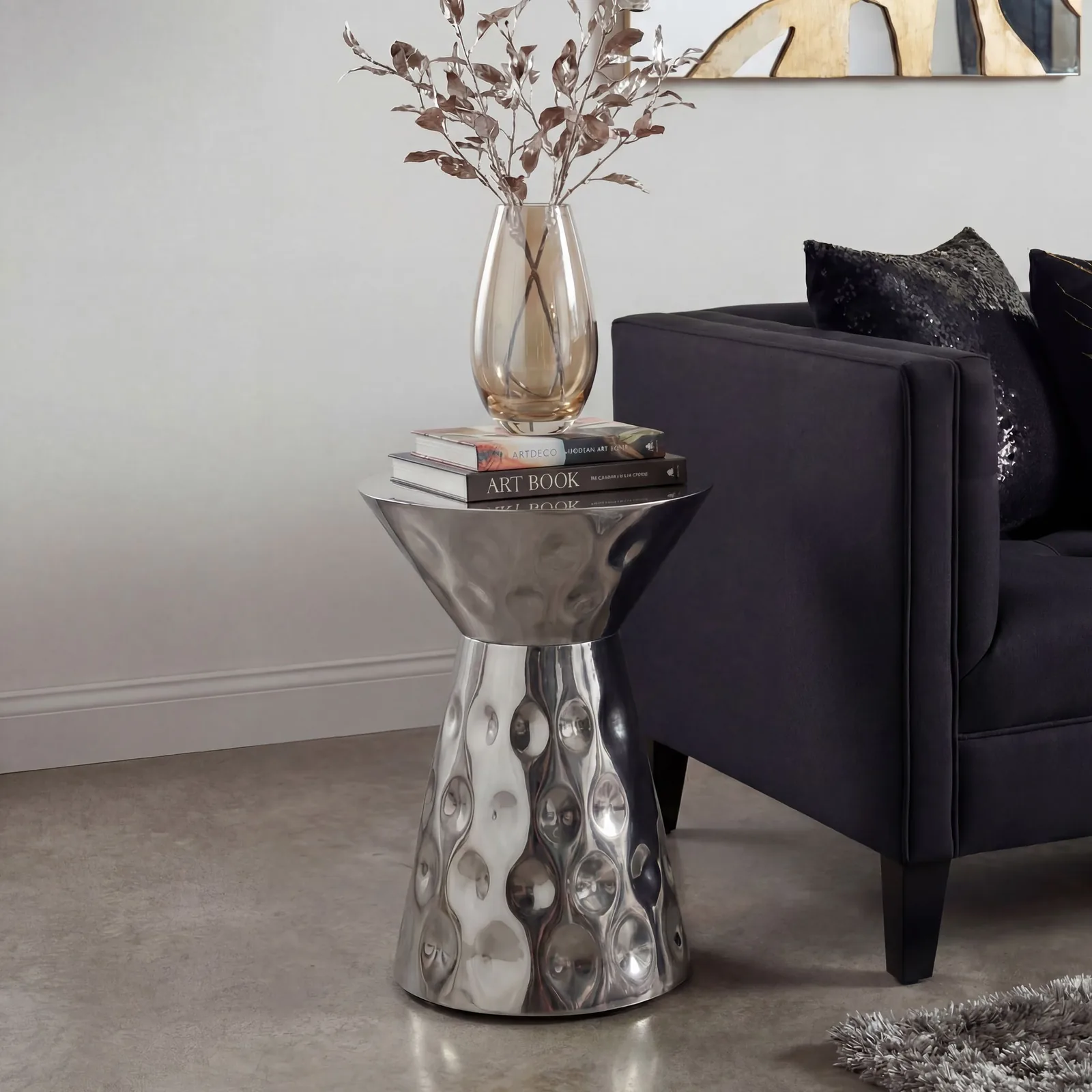 FineBuy Beistelltisch Aluminium 36cm Rund - Design Anstelltisch Metall - Loungetisch Alu - Moderner Sofatisch - Couchtisch Wohnzimmertisch Klein Handmade
