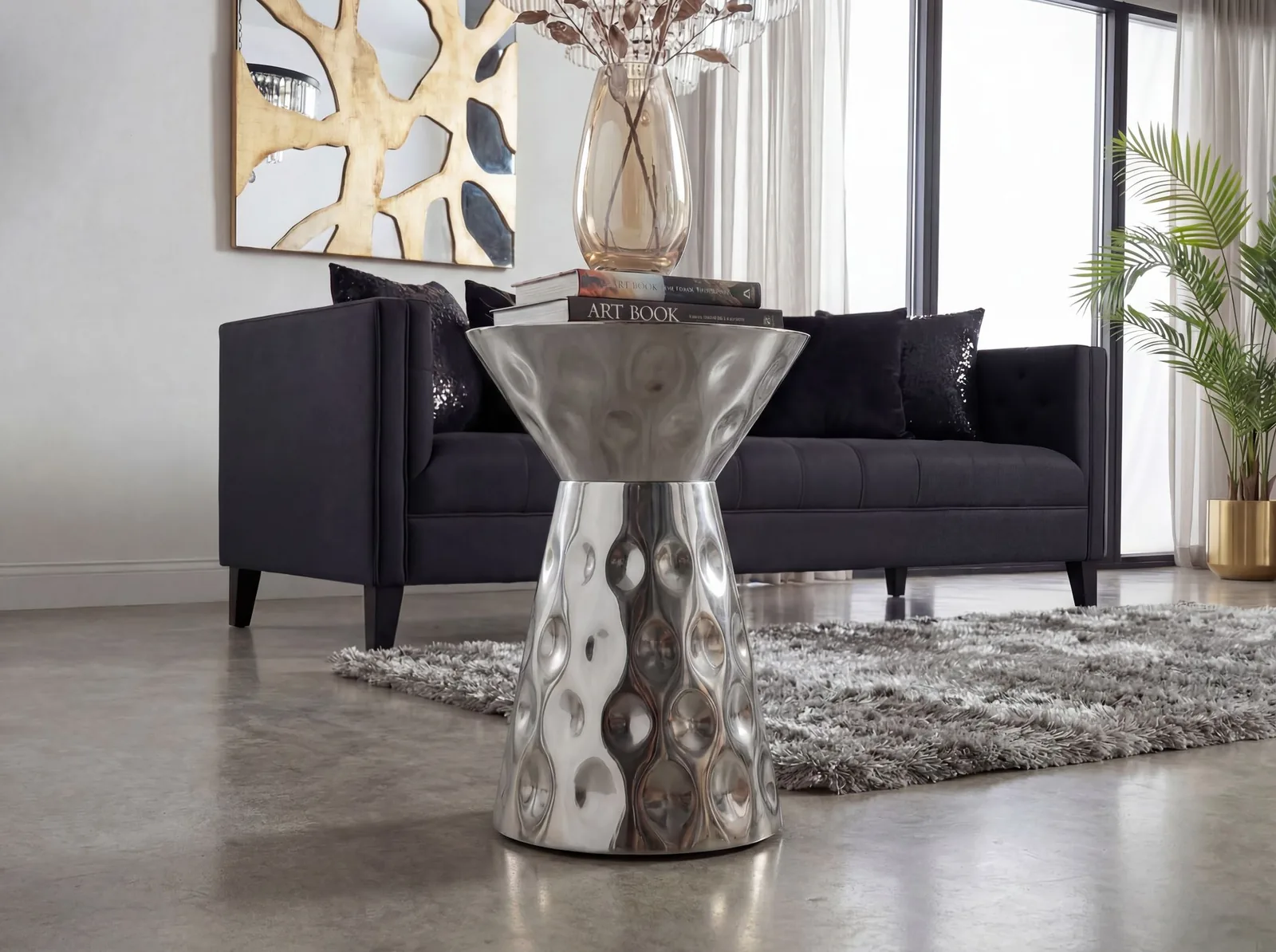 FineBuy Beistelltisch Aluminium 36cm Rund - Design Anstelltisch Metall - Loungetisch Alu - Moderner Sofatisch - Couchtisch Wohnzimmertisch Klein Handmade
