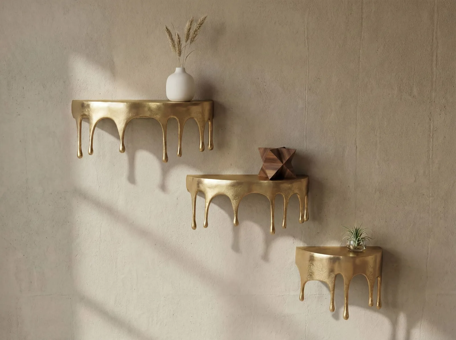 FineBuy Wandregal 3er Set Aluminium Gold Tropfen Optik - Ausgefallenes Hängeregal Metall - Design Drops Schweberegal Alu - Modernes Wandboard Dekoregal Handmade