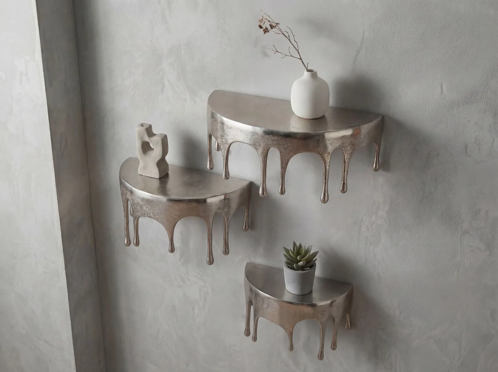 FineBuy Wandregal 3er Set Aluminium Silber Tropfen Optik - Ausgefallenes Hängeregal Metall - Design Drops Schweberegal Alu - Modernes Wandboard Dekoregal Handmade