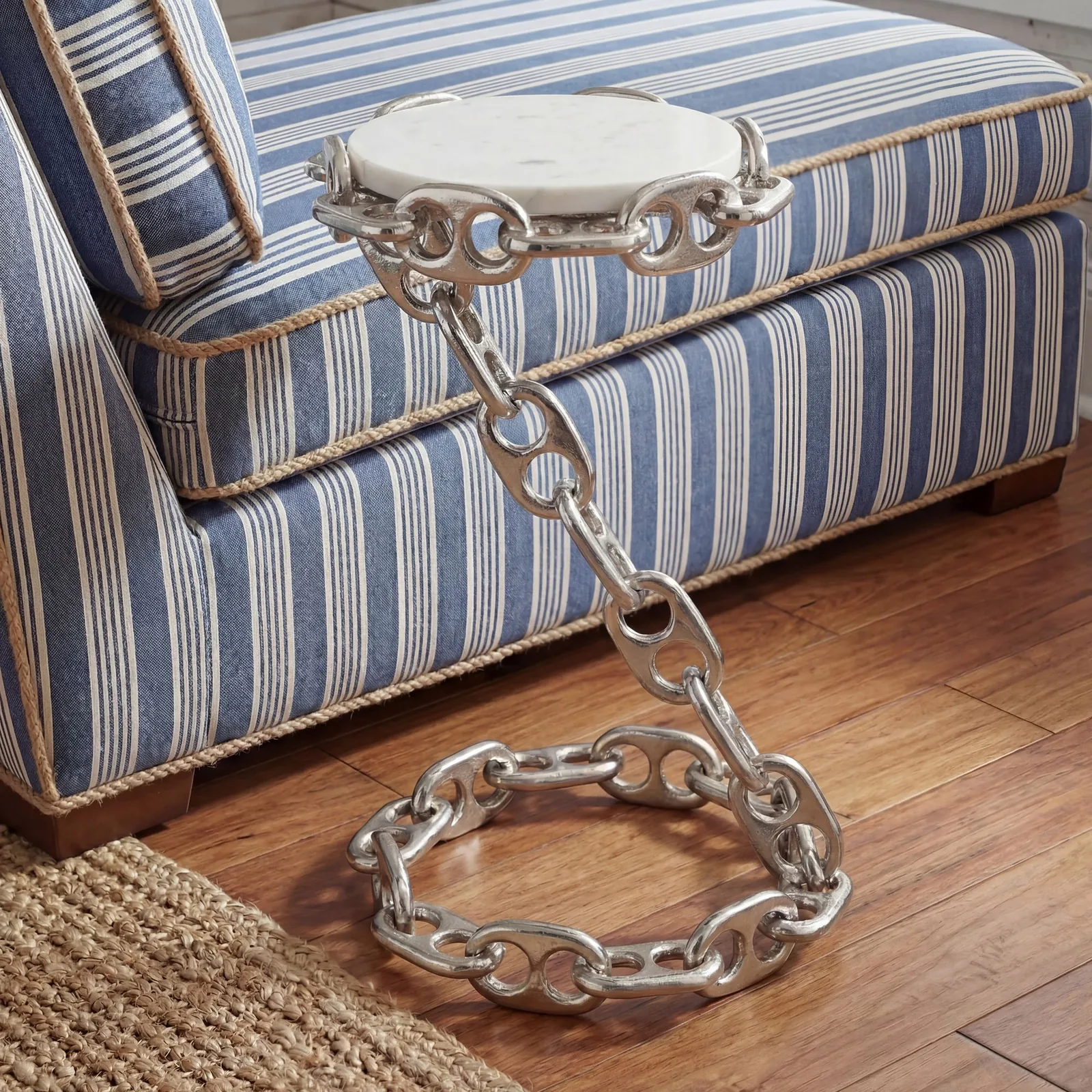 FineBuy Beistelltisch Metall mit weißer Marmor Tischplatte 31cm rund - Moderner Anstelltisch mit Kettengestell - Design Sofatisch - Loungetisch Couchtisch - Edler Wohnzimmertisch Handmade