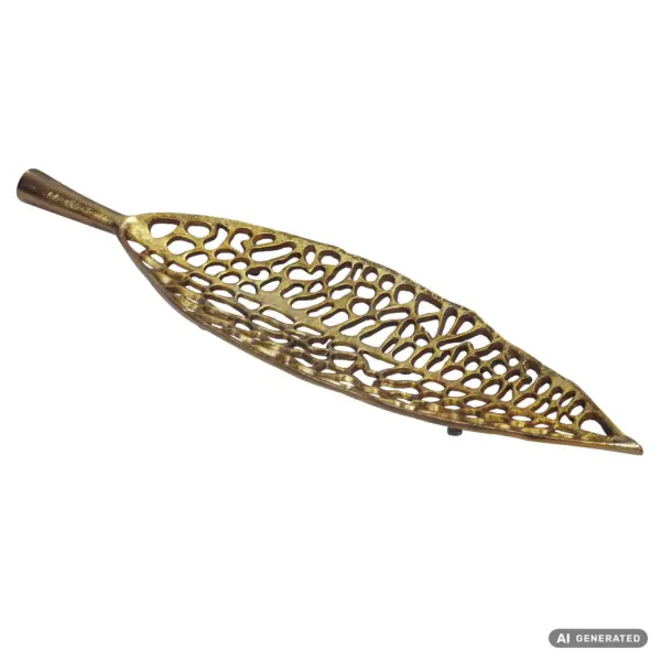 FineBuy Dekoschale Blatt Aluminium Schale 63cm - Design Tischdeko Leaf Metall Wohnzimmer mit Beinen - Alu Wohnaccessoire Modern - Metallschale Dekoration - Aluschale lang Handmade