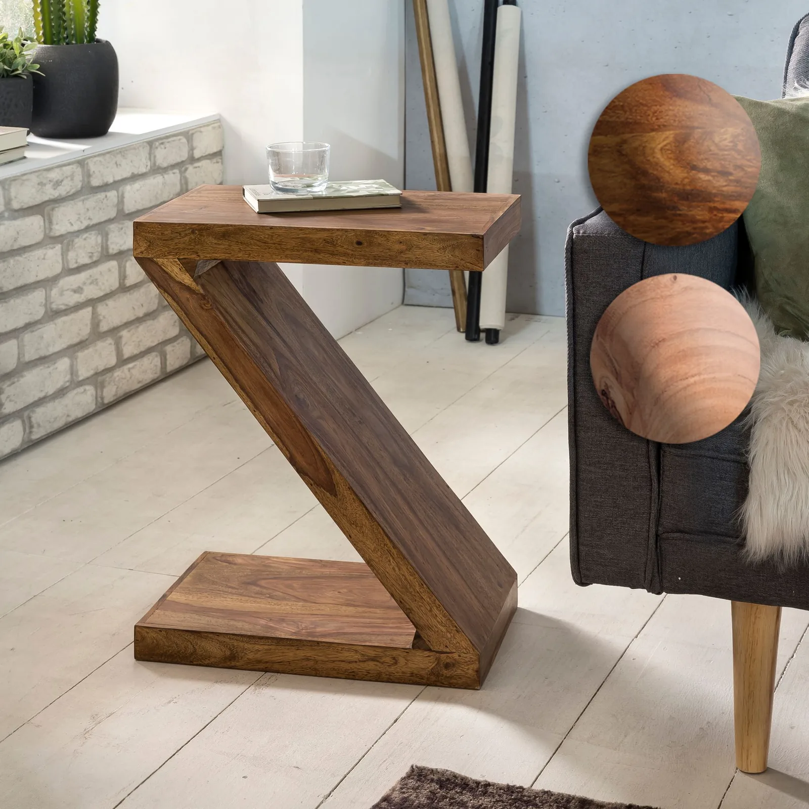 FineBuy Beistelltisch Massivholz Z Cube 59cm hoch Wohnzimmertisch Landhaus-Stil Braun Couchtisch Farbe wählbar
